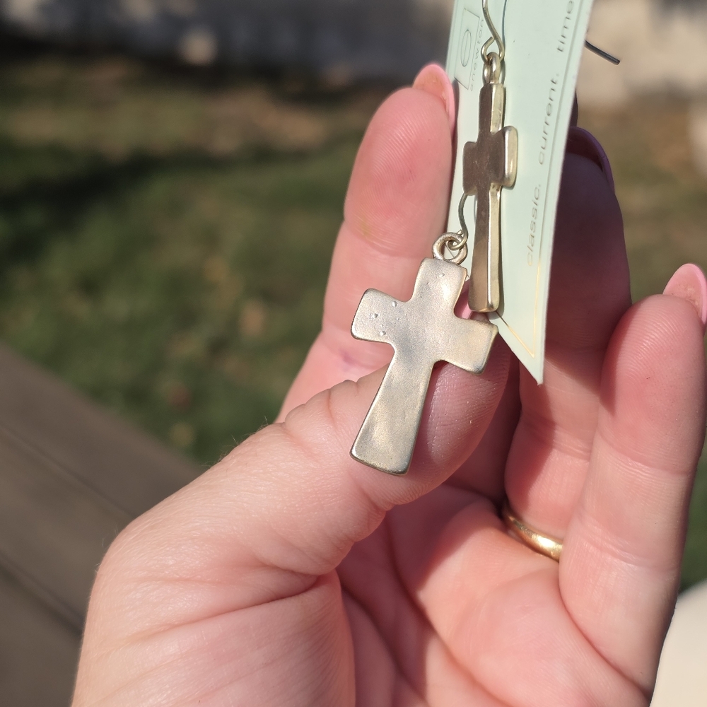 Gold Matte Cross Earrings - Picture 5 of 5